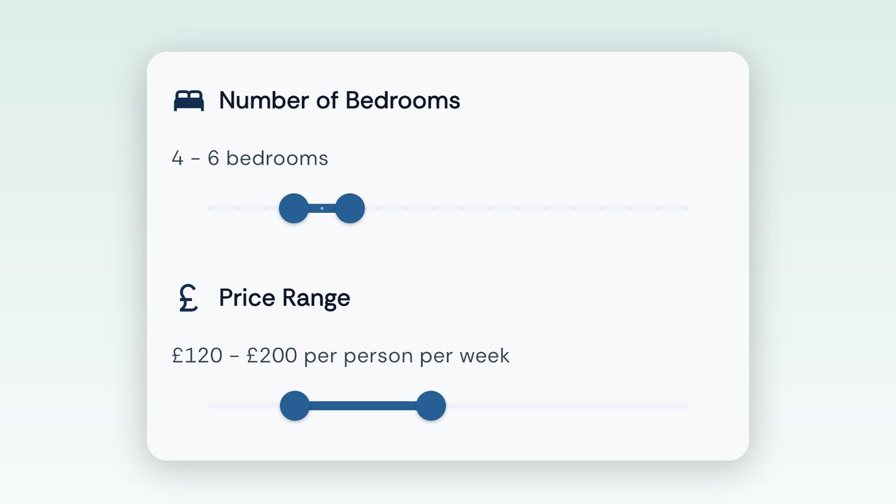 Housenote's filter screen with bedroom and price preferences